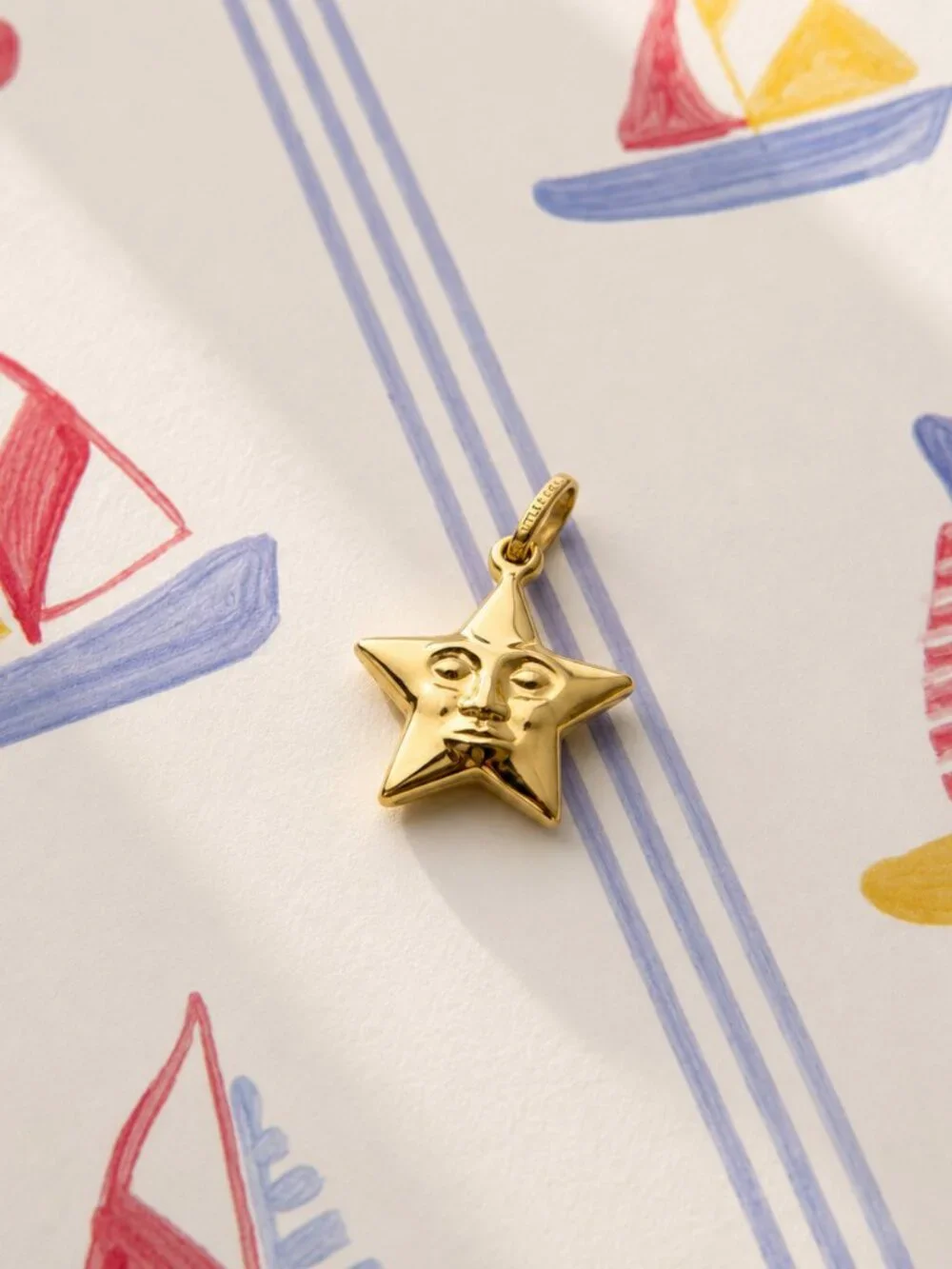 Real 14K Gold Star Pendant, Celestial Star Face Charm, Puffed Moon Star Necklace